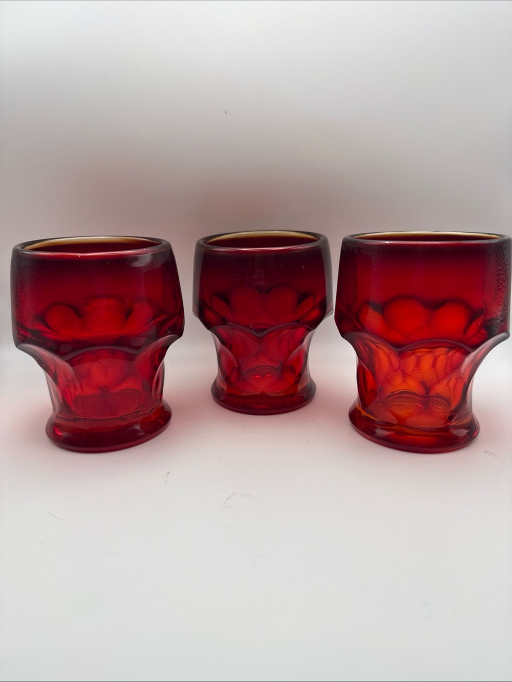Viking Glass Georgian Amberina GLOW Tumbler 4″ Red Set Of 3 Cadmium Cup Vintage